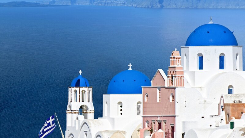 Blue-domed Churches — Blue, Serene, Afternoon, Photograph, Sea, Flag