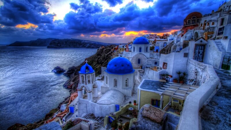 Blue-domed Churches on Cliff — Blue, Dramatic, Sunset
