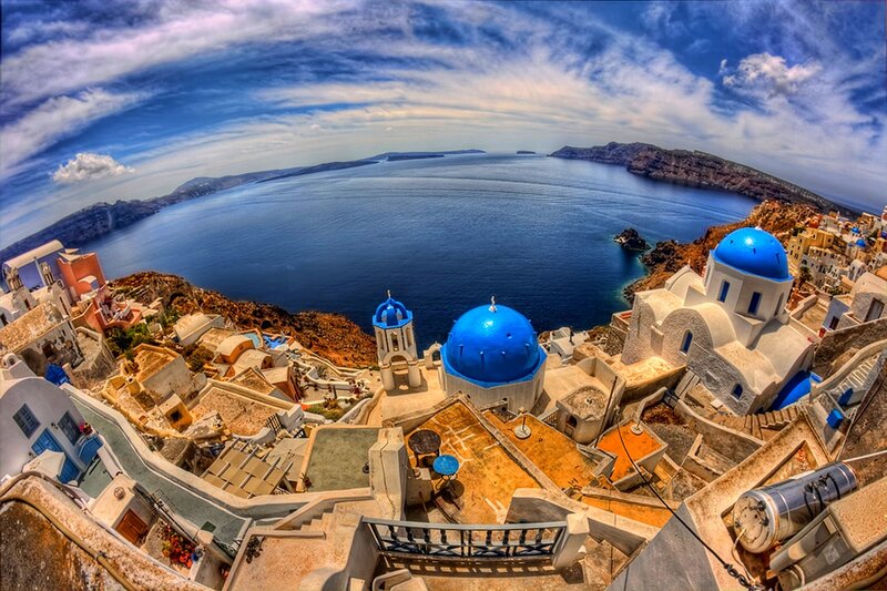 Blue-domed Churches on Cliff — Blue, Dramatic