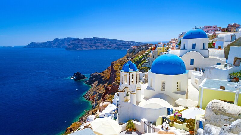 Blue-domed Churches on Cliff — Blue, Serene, Afternoon