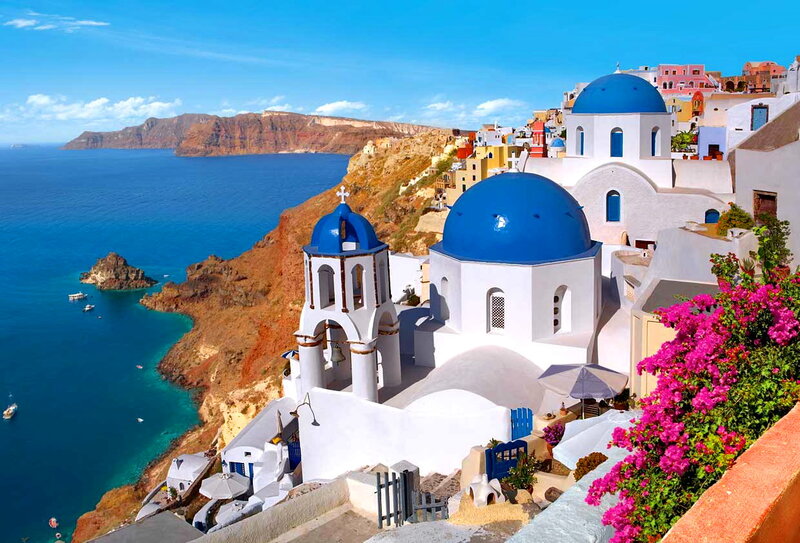 Blue-domed Churches on Cliff — White, Serene, Afternoon