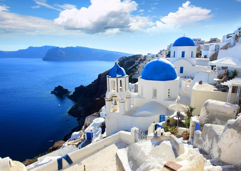 Blue-domed Churches on Cliff — White, Serene