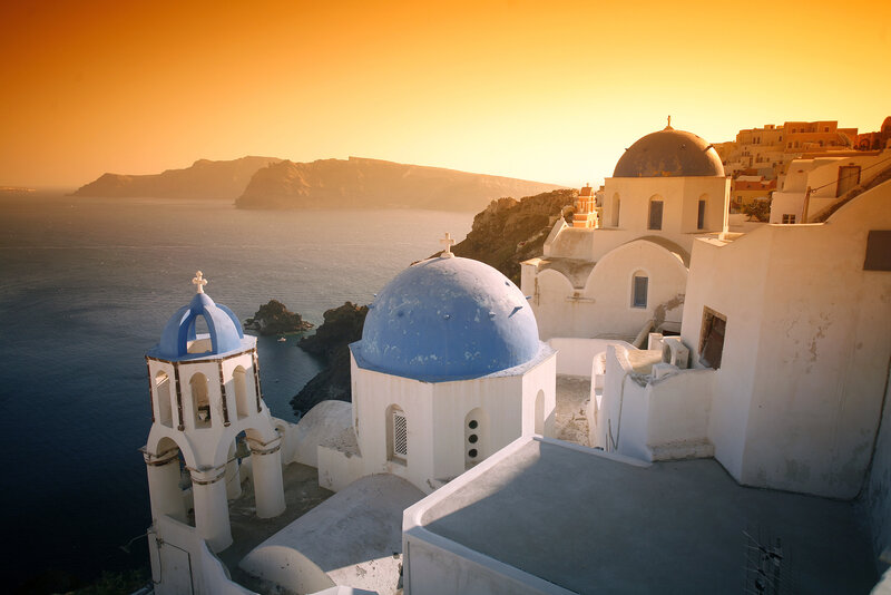 Blue-domed Churches on Cliff — White