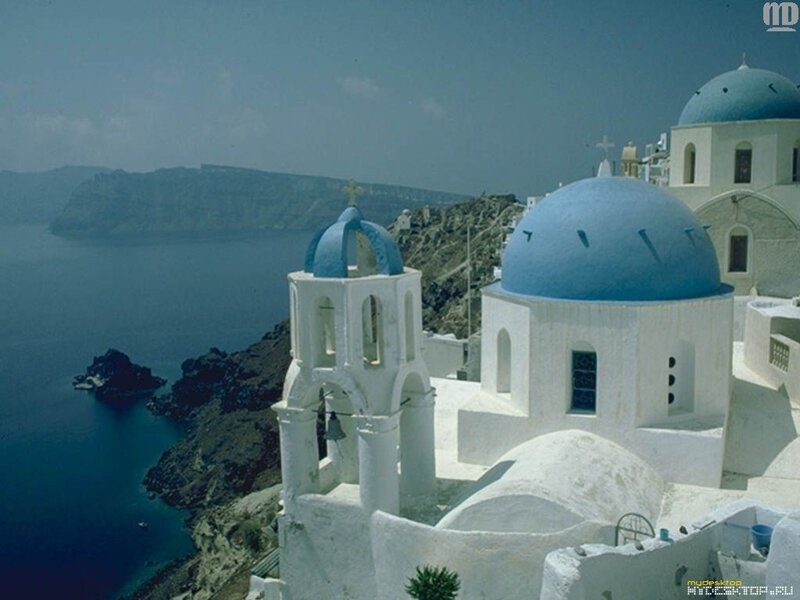 Blue-domed Churches — White, Serene, Afternoon