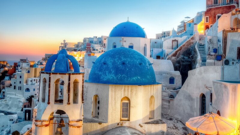 Blue-domed Churches — White, Serene, Sunset, Photograph