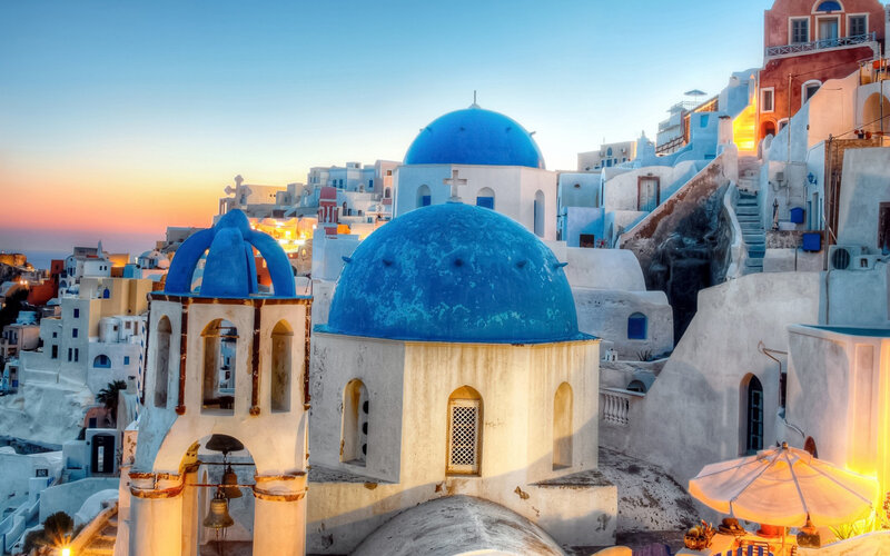 Blue-domed Churches — White, Serene, Sunset