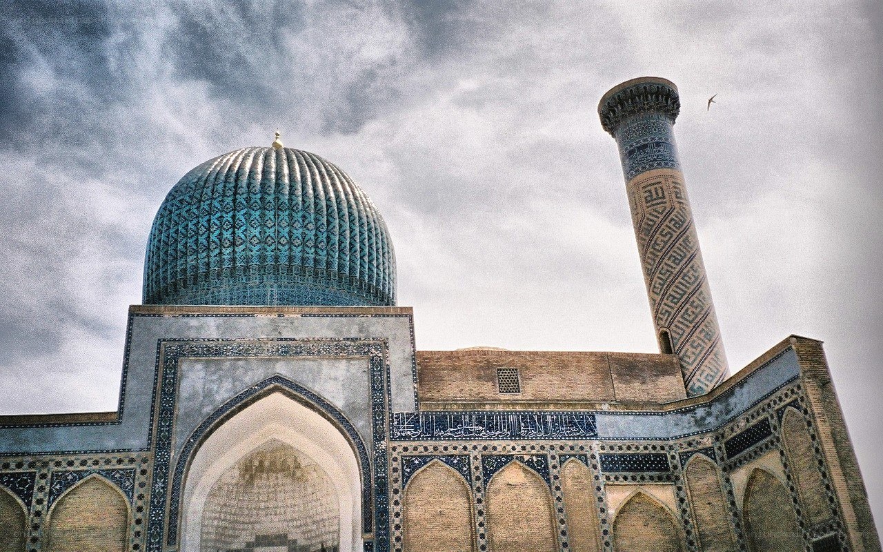 Blue-domed mosque with minaret