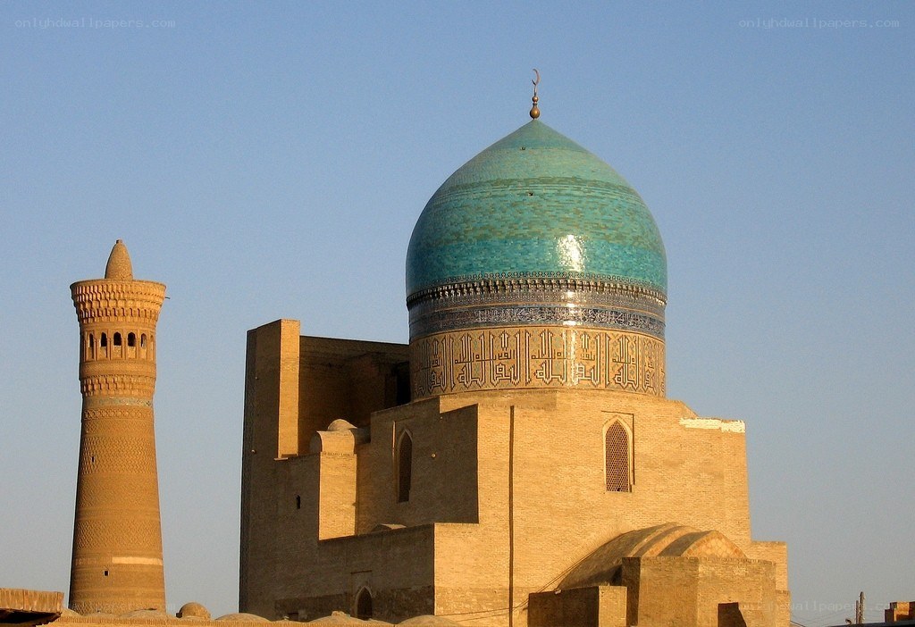 Blue-domed mosque with minaret