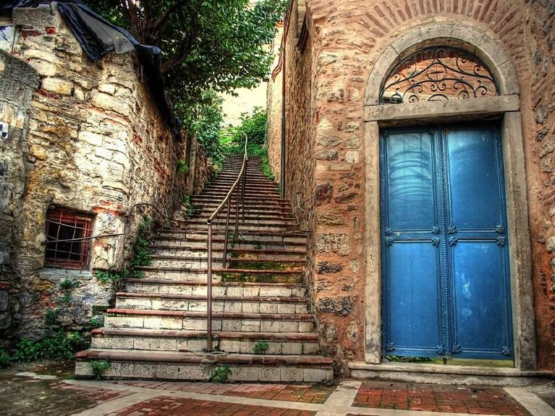 Blue Door and Stone Stairs — Serene