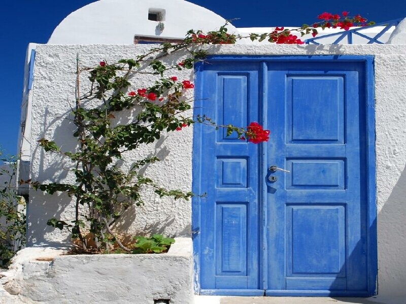 Blue door with bougainvillea