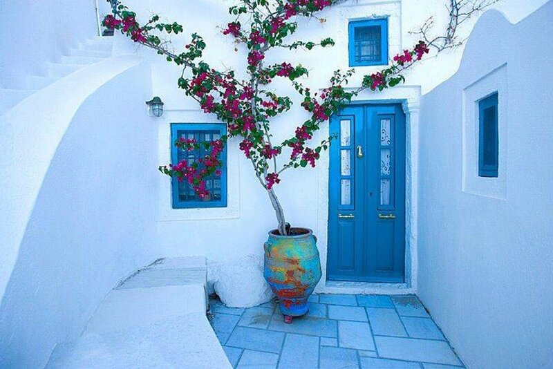 Blue Door with Bougainvillea — White, Serene
