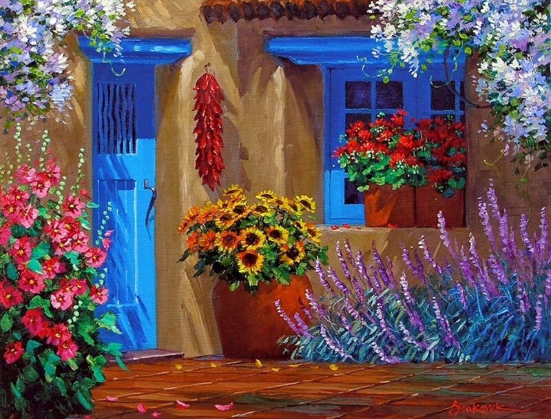 Blue Door with Flowers — Serene, Afternoon, Painting, Sunflowers
