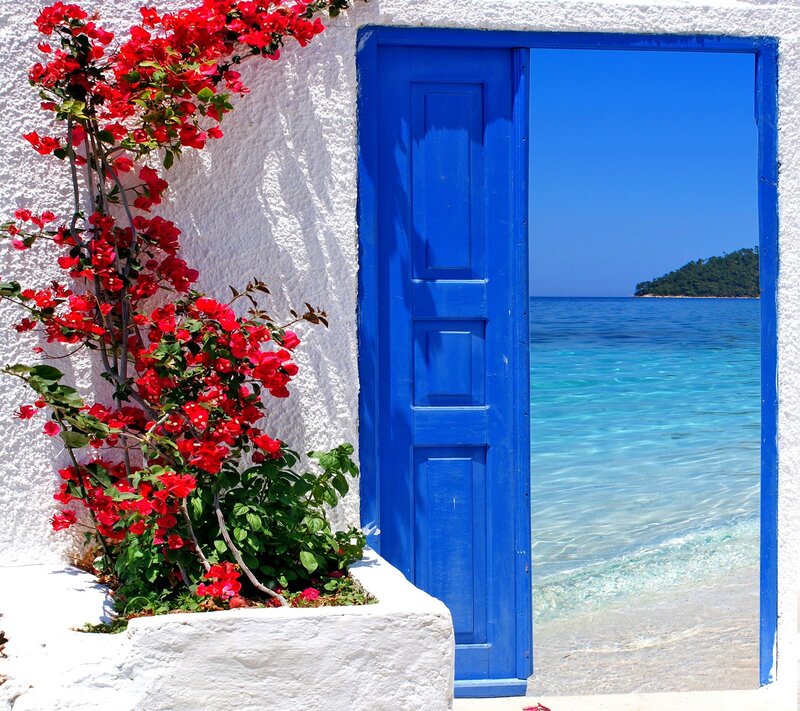 Blue Door with Flowers — Serene, Afternoon, Photograph, Ocean