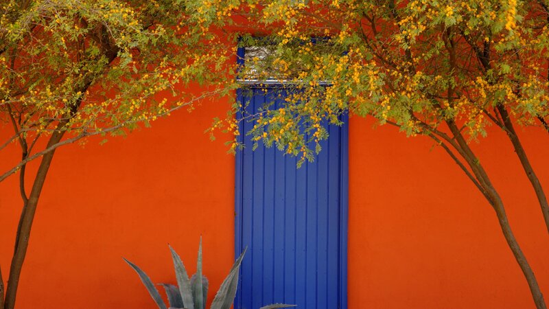 blue door with orange wall