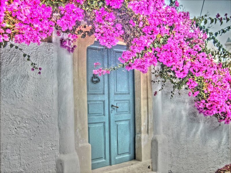 Blue door with pink flowers