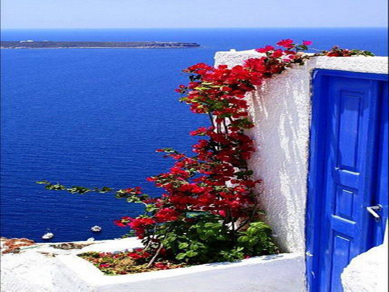 Blue door with red flowers overlooking the sea