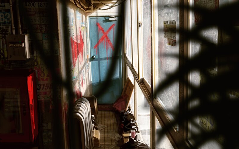 Blue Door with Red Graffiti