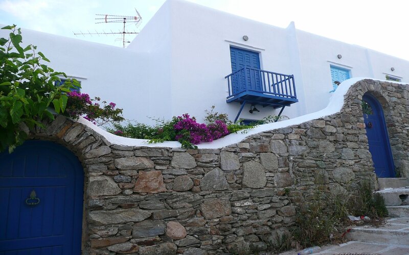 Blue doors in a white village