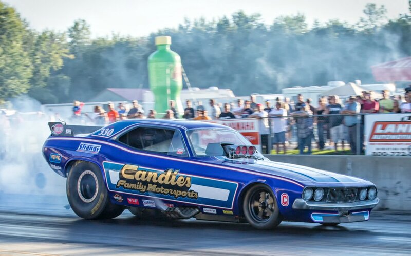 Blue Drag Racing Car — Dynamic, Afternoon, Photograph, Crowd, Smoke, Inflatable Bottle