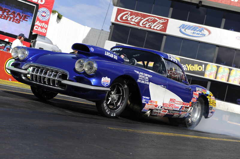 Blue Drag Racing Car — Dynamic, Afternoon, Photograph, Race Track, Smoke