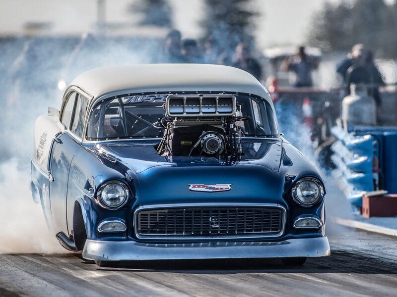 Blue Drag Racing Car — Dynamic, Afternoon, Photograph, Smoke