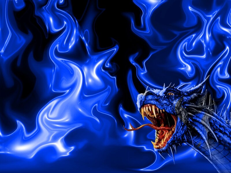 Blue Dragon Breathing Fire — Dramatic, Digital Art