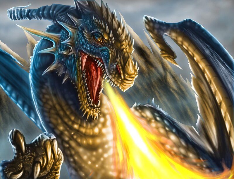 Blue dragon breathing fire