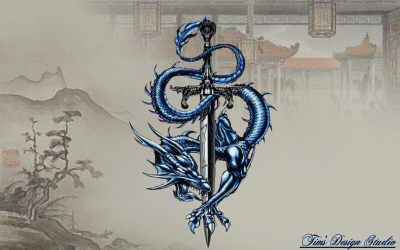 Blue dragon coiled around a sword