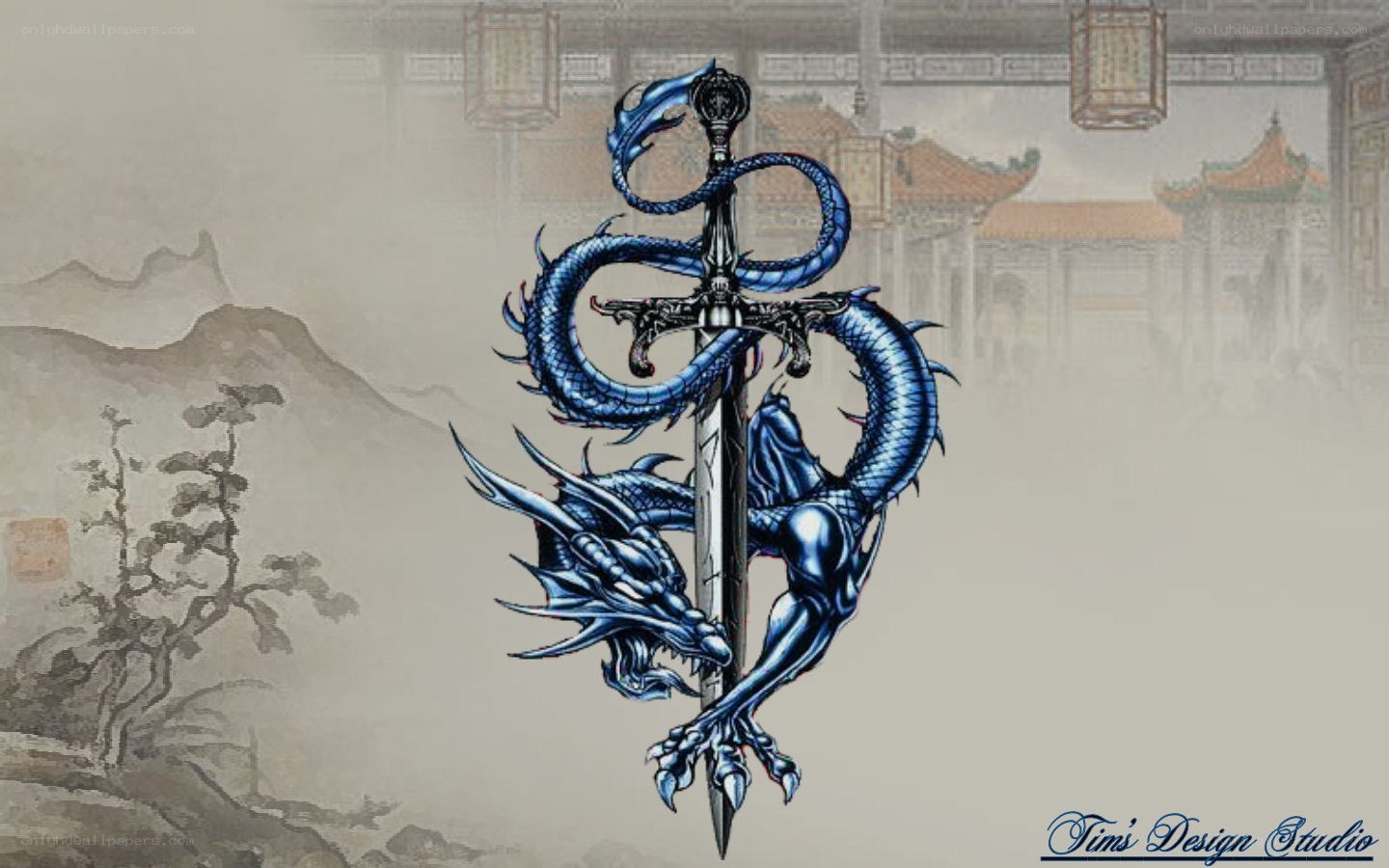 Blue dragon coiled around a sword