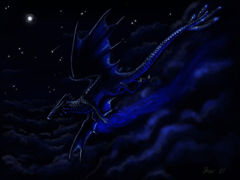 blue dragon flying at night