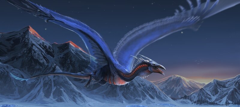Blue Dragon Flying — Dramatic, Night, Digital Art, Mountains