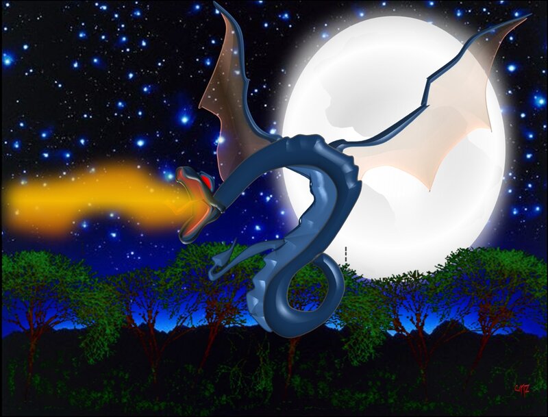 Blue Dragon Flying — Dramatic, Night, Digital Art