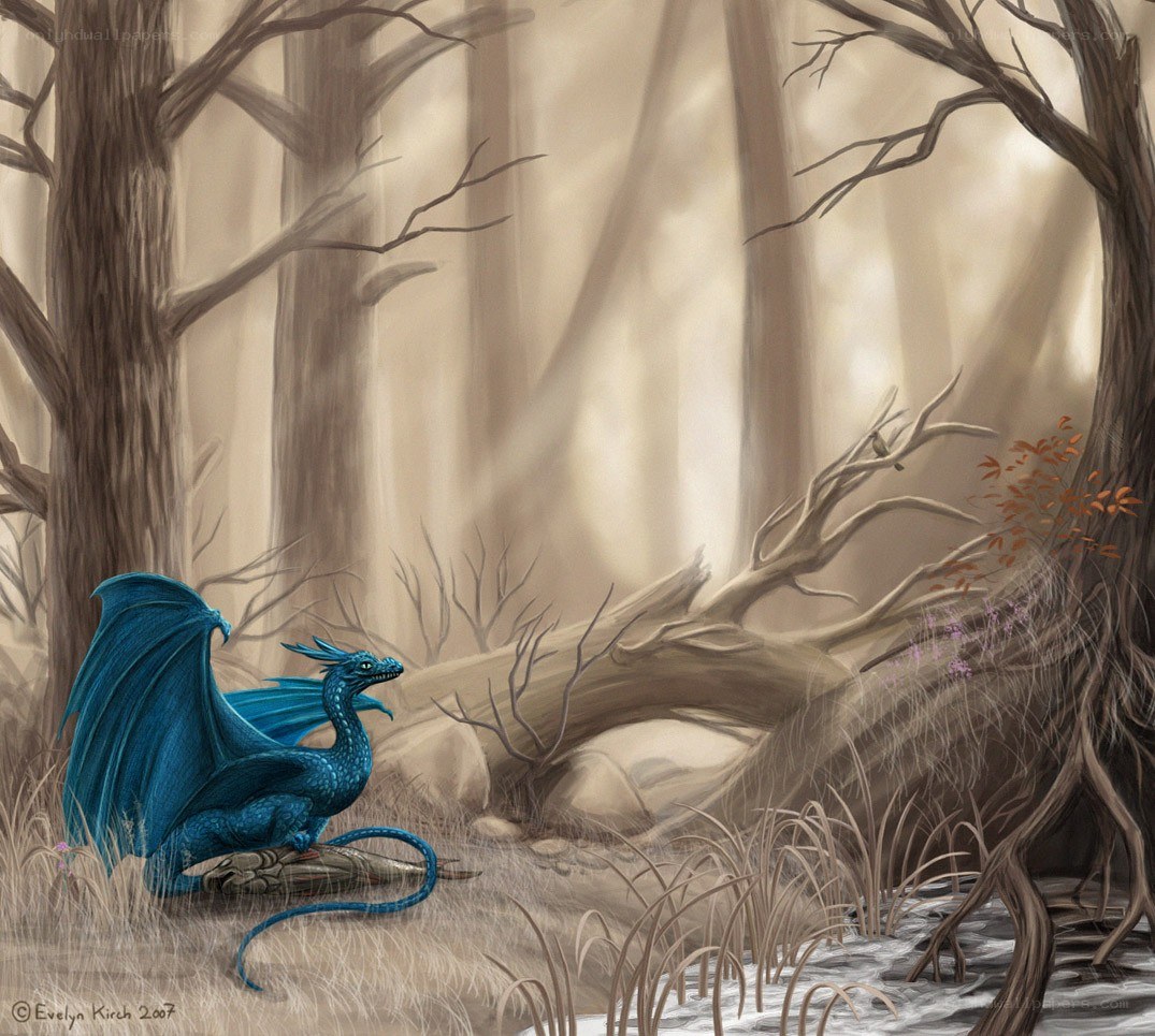 Blue dragon in a misty forest