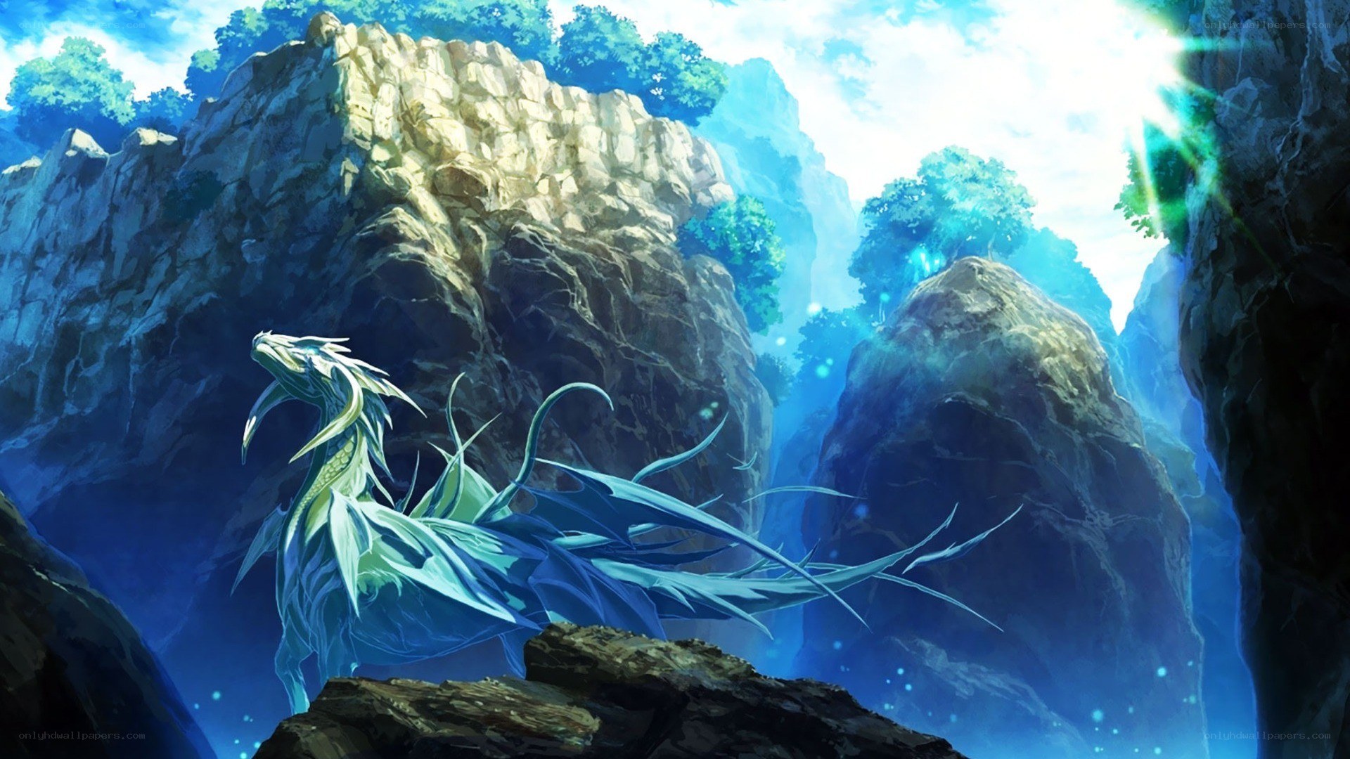blue dragon in a mountain valley