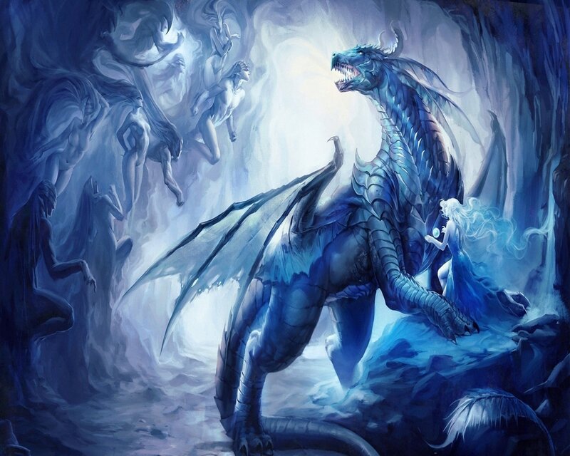 Blue Dragon in Cave — Dramatic, Digital Art