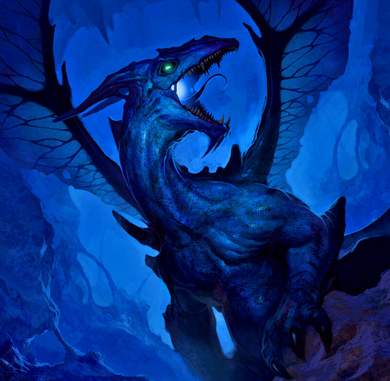 Blue Dragon in Cave — Dramatic, Night