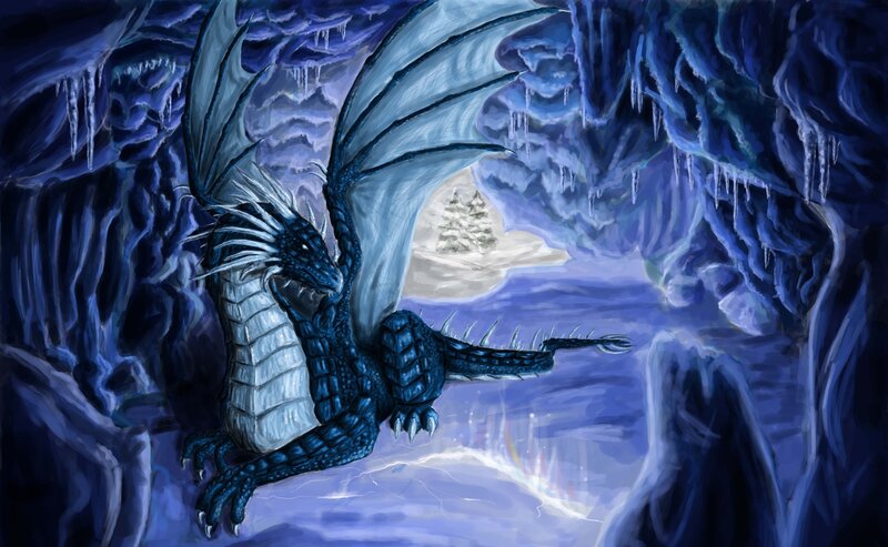 Blue Dragon in Cave — Dramatic, Winter