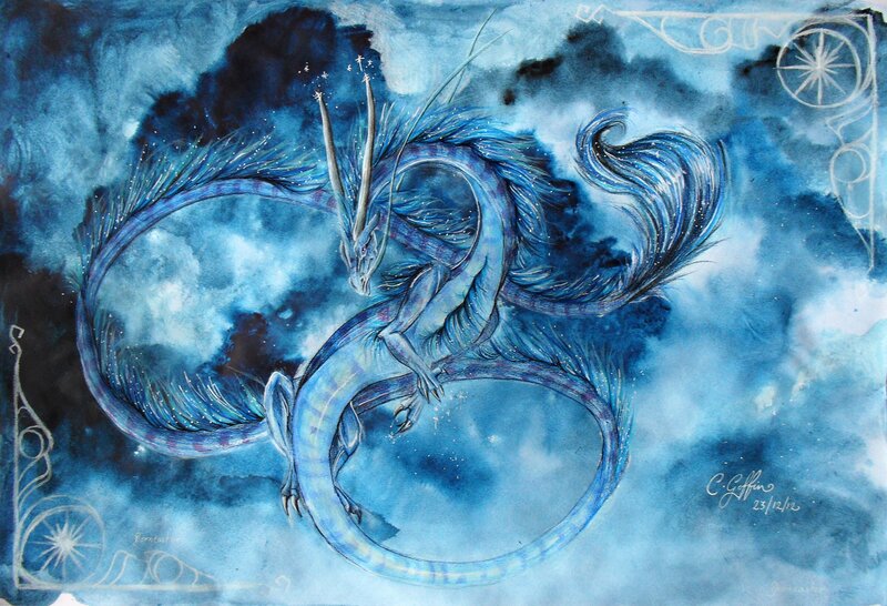 Blue Dragon in Clouds — Dramatic, Night, Painting