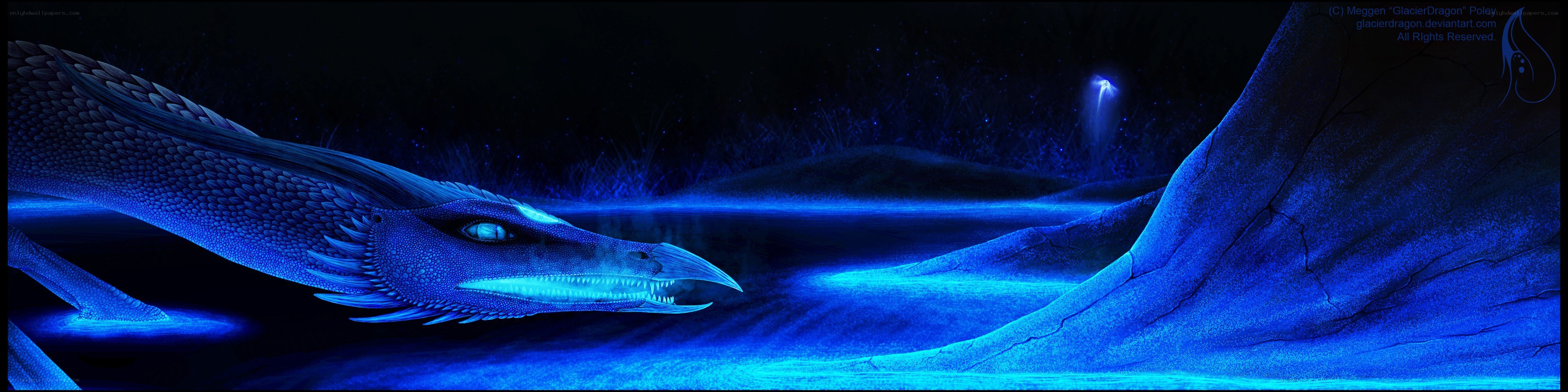 blue dragon in dark landscape