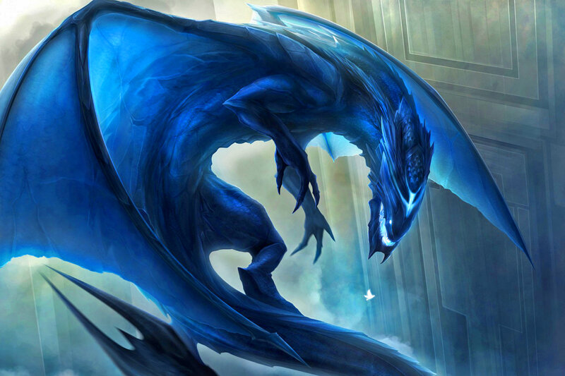 Blue Dragon in Flight — Dramatic, Digital Art, Wings, Clouds