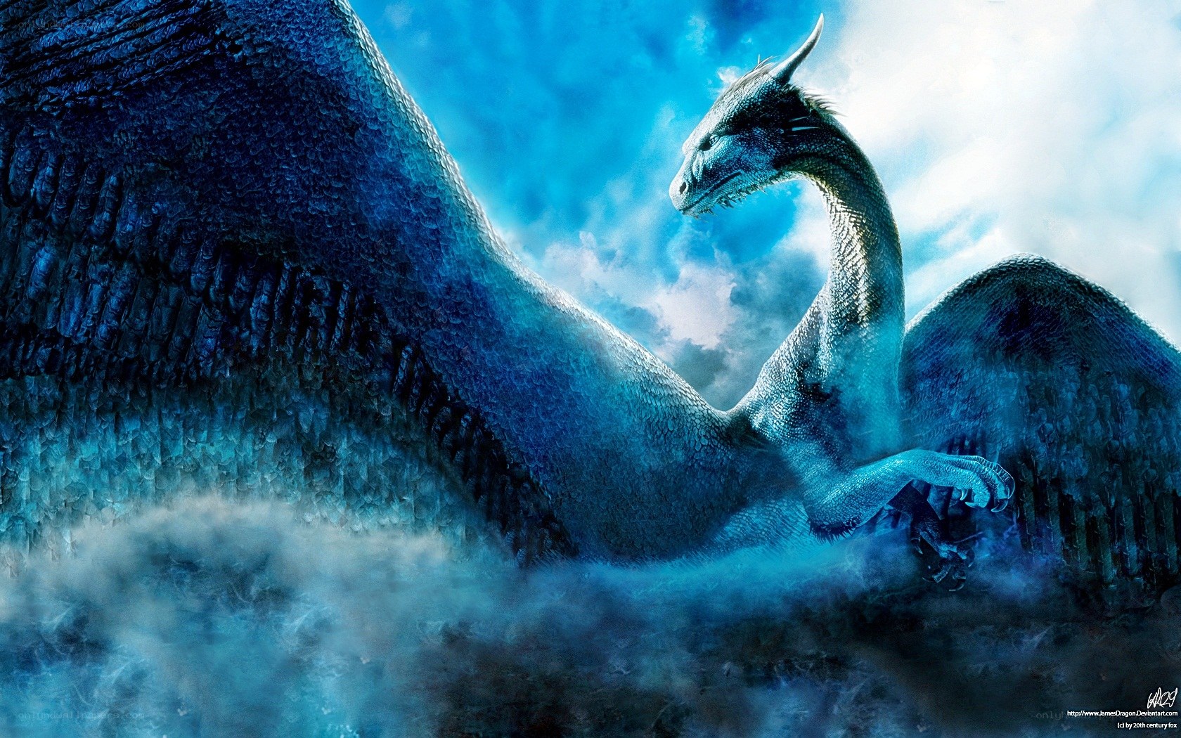 blue dragon in misty sky