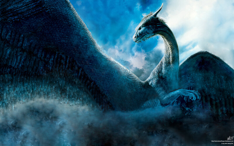 Blue dragon in misty sky