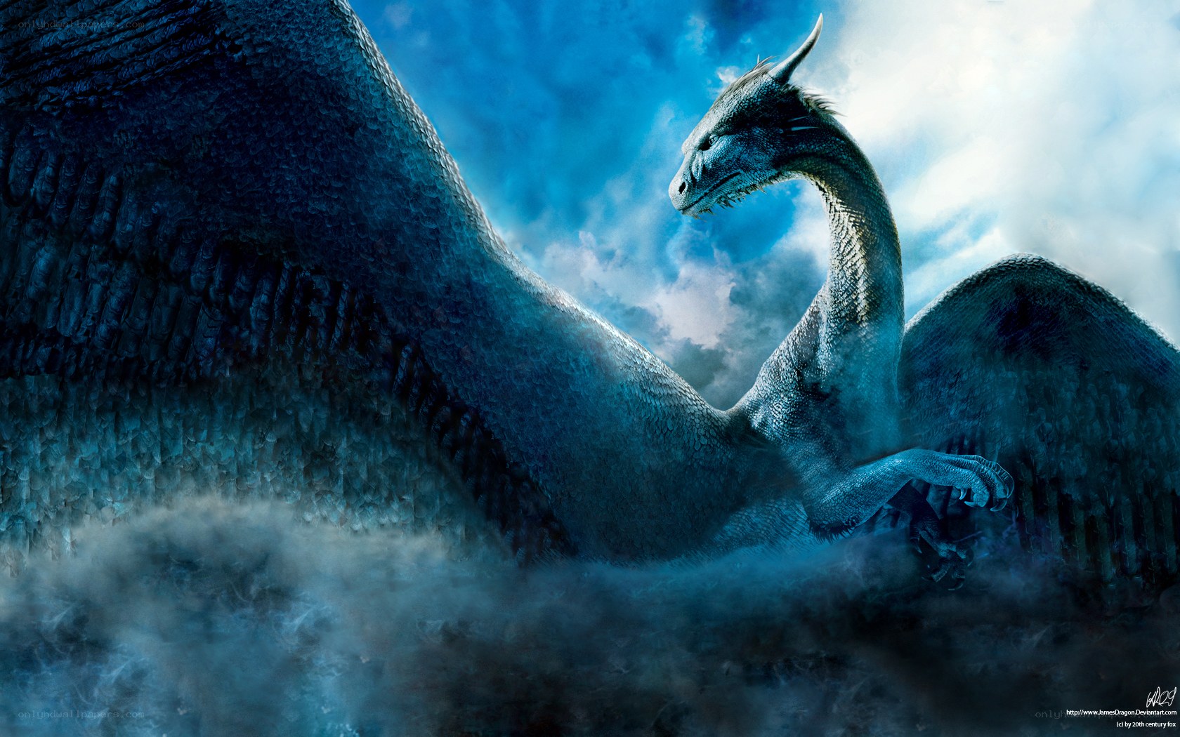 Blue dragon in misty sky