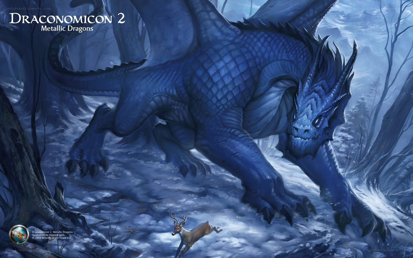 Blue dragon in snowy forest