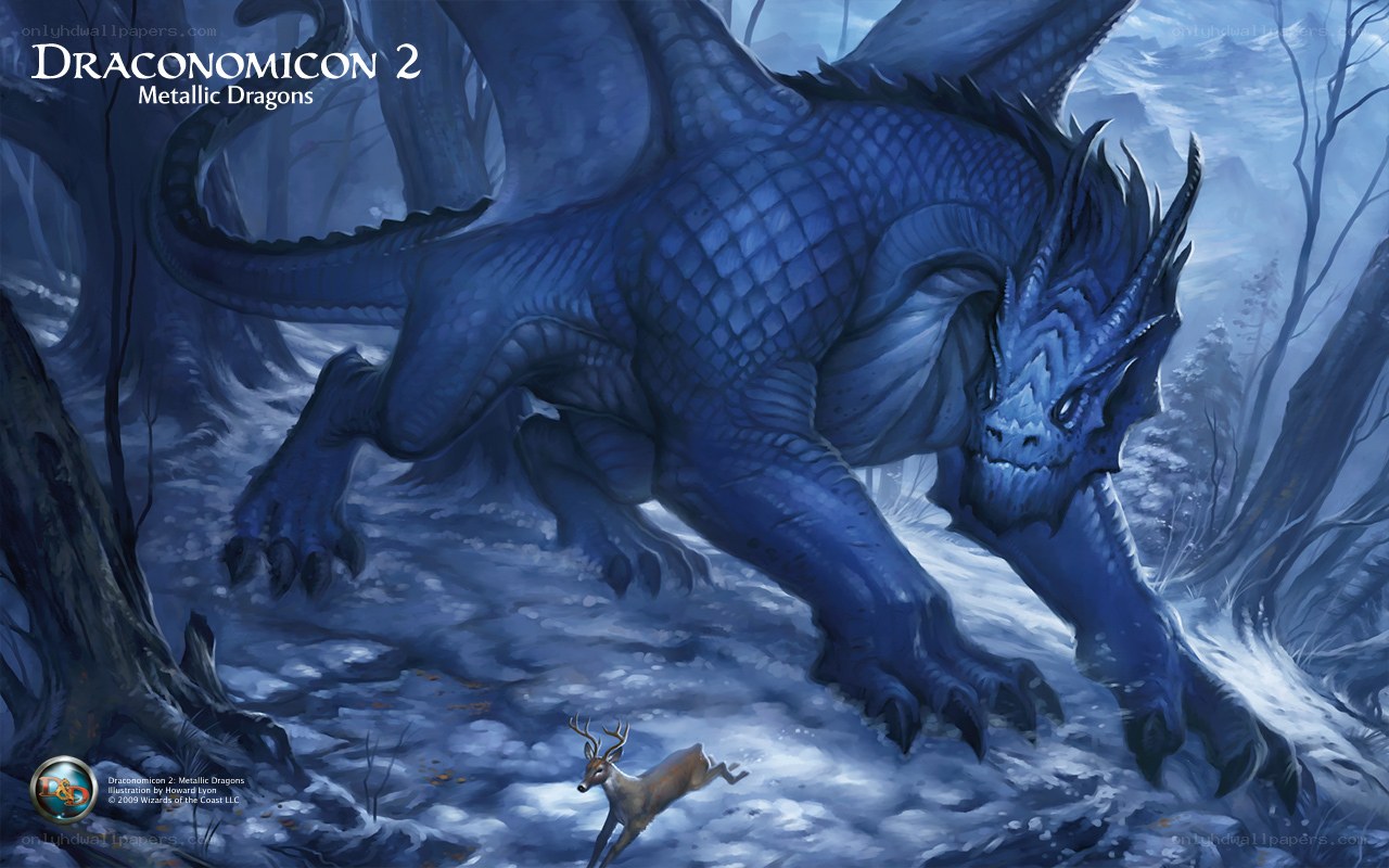 Blue dragon in snowy forest