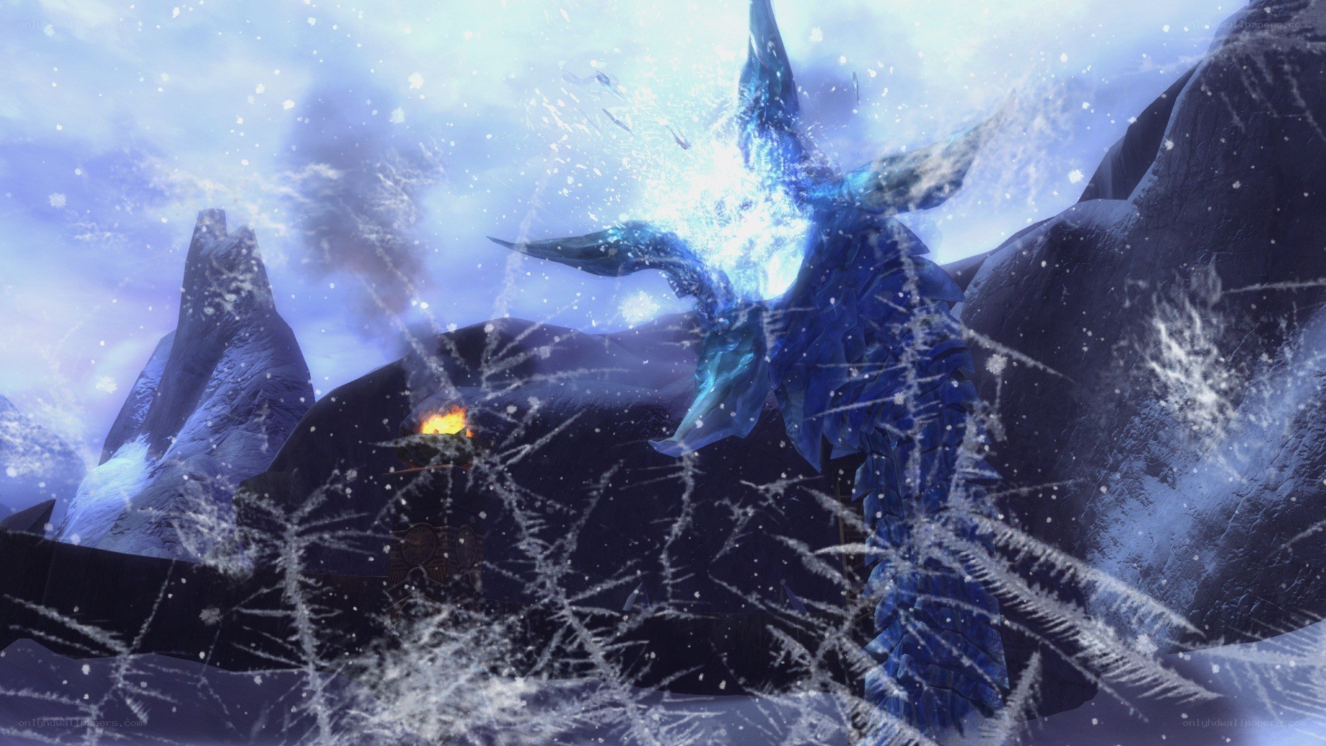 Blue dragon in snowy mountains