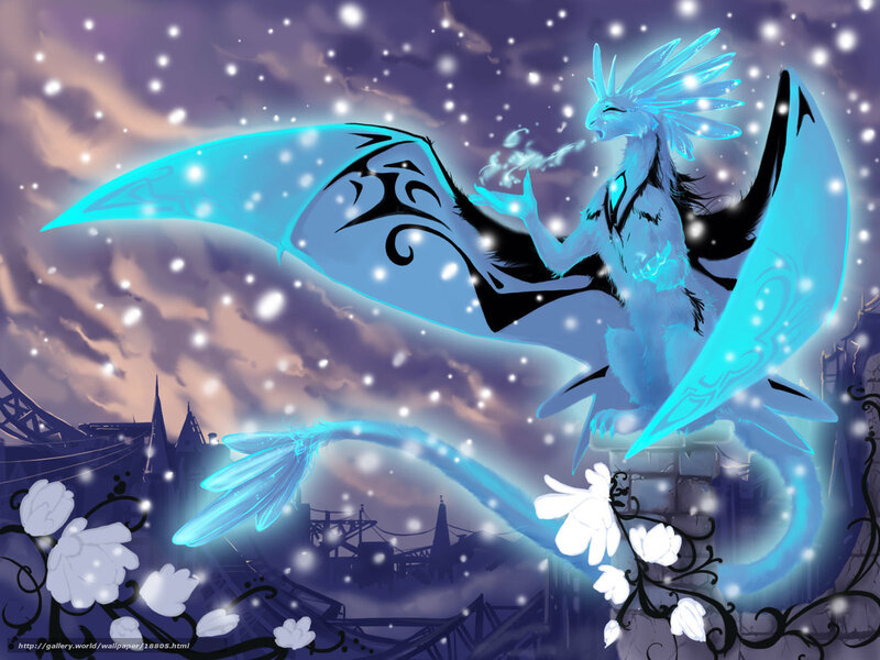 blue dragon in snowy sky