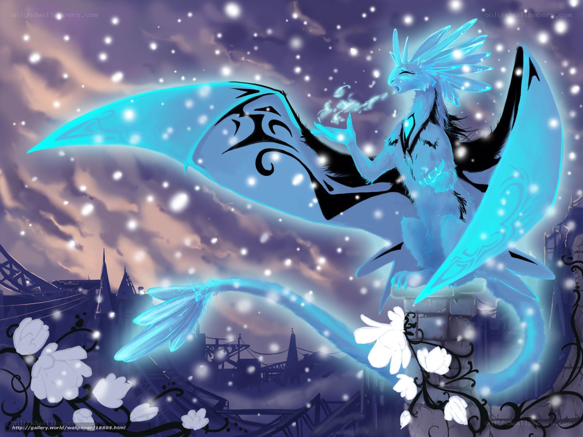 blue dragon in snowy sky