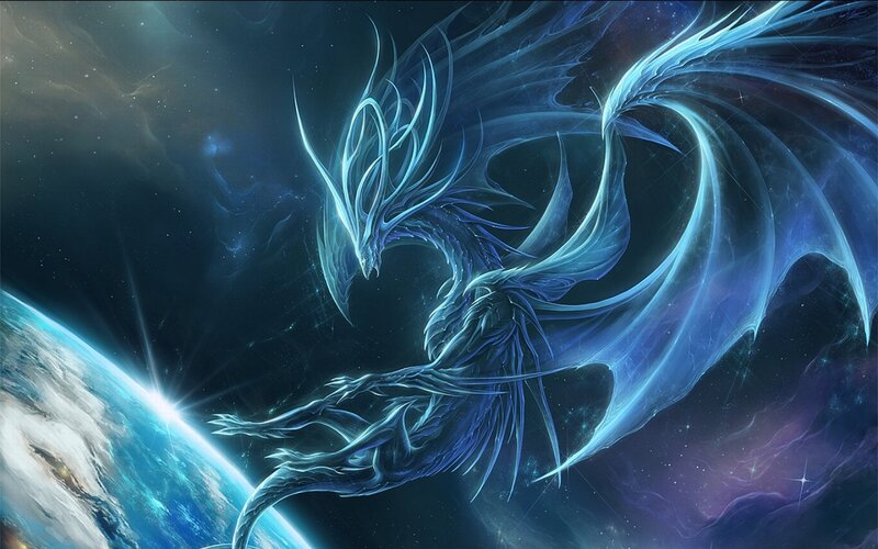 Blue Dragon in Space — Dramatic, Digital Art, Planet, Stars