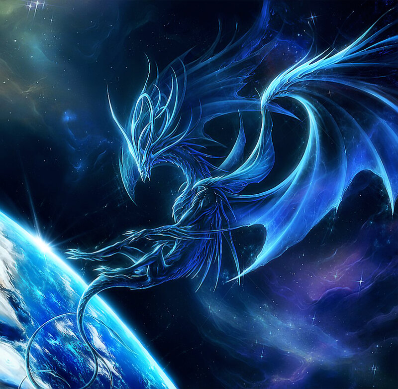 Blue Dragon in Space — Dramatic, Digital Art, Planet